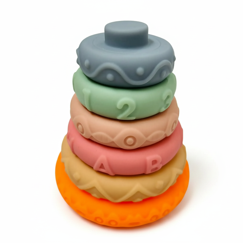 Silicone stacking rings tower assembled - gray mint peach pink cream orange