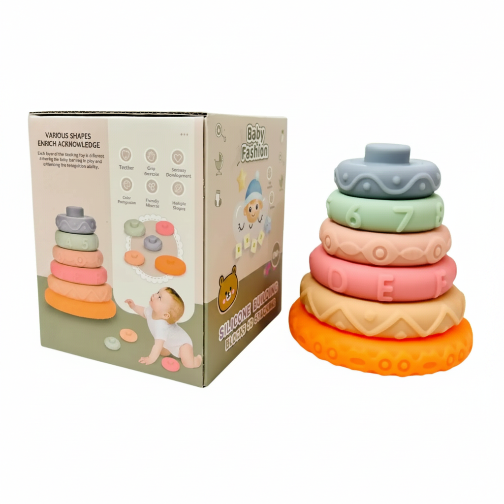 Silicone Building Blocks 3D Stacking Soft Rings 6 Pcs with box - baby sensory toy