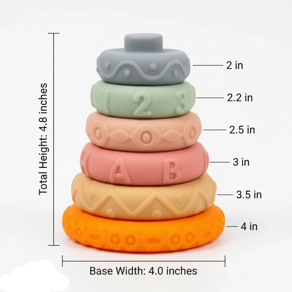 Silicone stacking rings size measurement - 4.8 inch height 4.0 inch base width