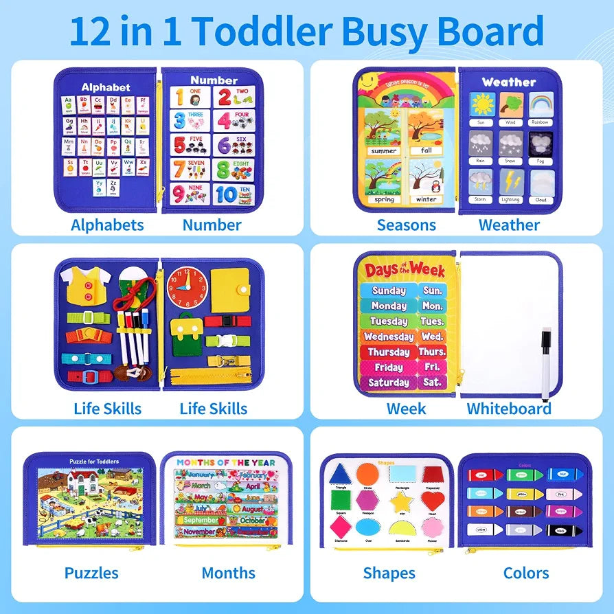 Busy Book Blue 10 Pages – Montessori Felt Activity Book for Toddlers Age 2-5