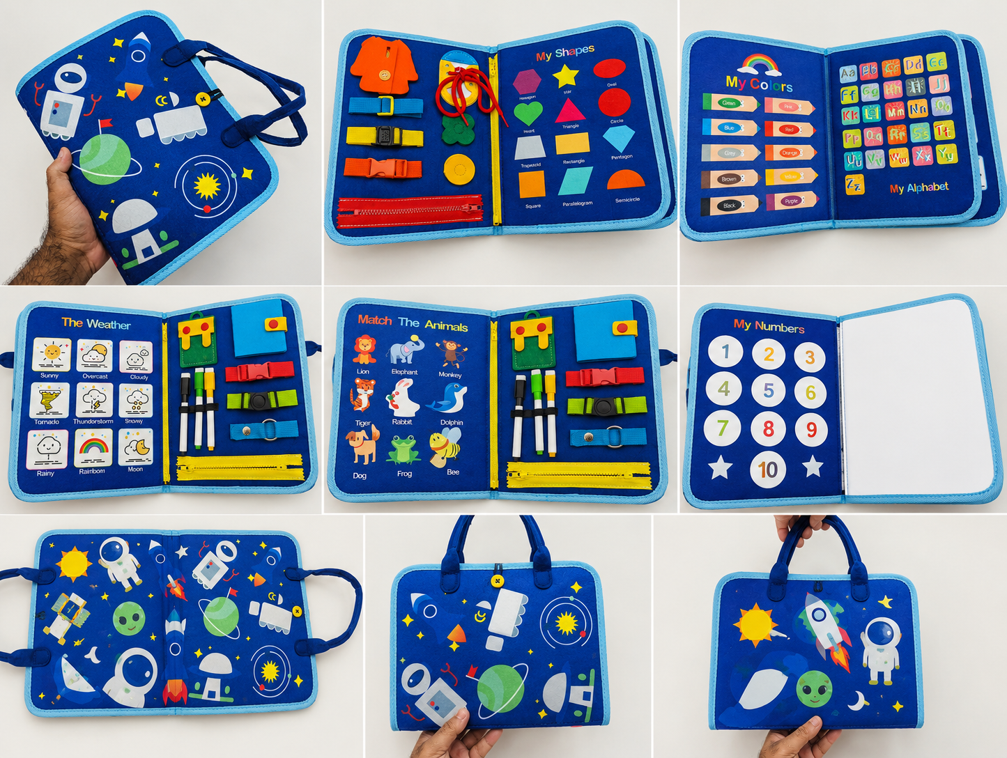Busy Book Blue 10 Pages – Montessori Felt Activity Book for Toddlers Age 2-5