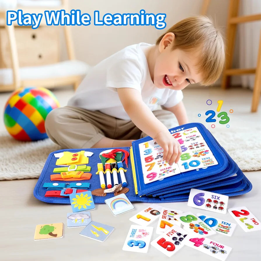 Busy Book Blue 10 Pages – Montessori Felt Activity Book for Toddlers Age 2-5